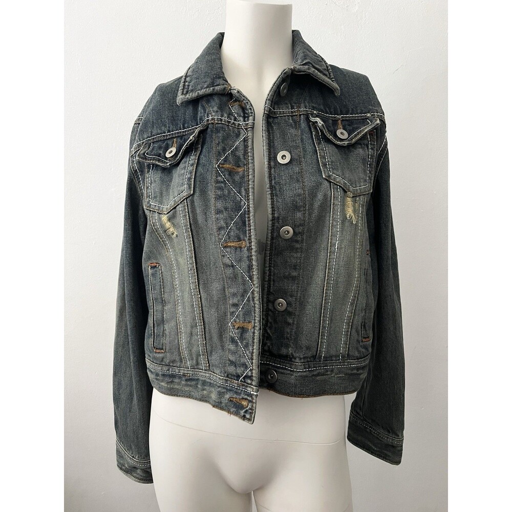 Y2k Double Edition Grunge Distressed Cropped Denim Jacket Size L Dark Blue Wash